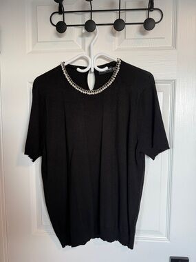 Karl Lagerfeld Black Short Sleeve Top with Beaded Neckline